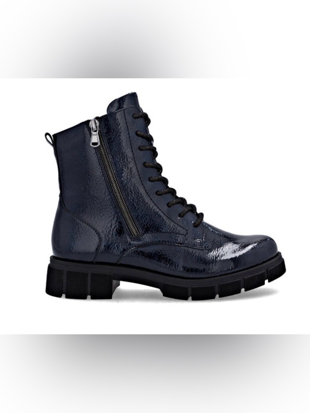 NEVER WORN Remonte Navy Patent Lace-Up Combat Boot with Side Zip